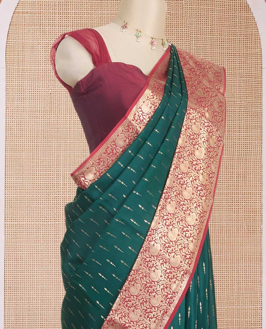 Dark green zari buttas Mysore silk saree, contrast zari border & pallu of floral & peacock designs