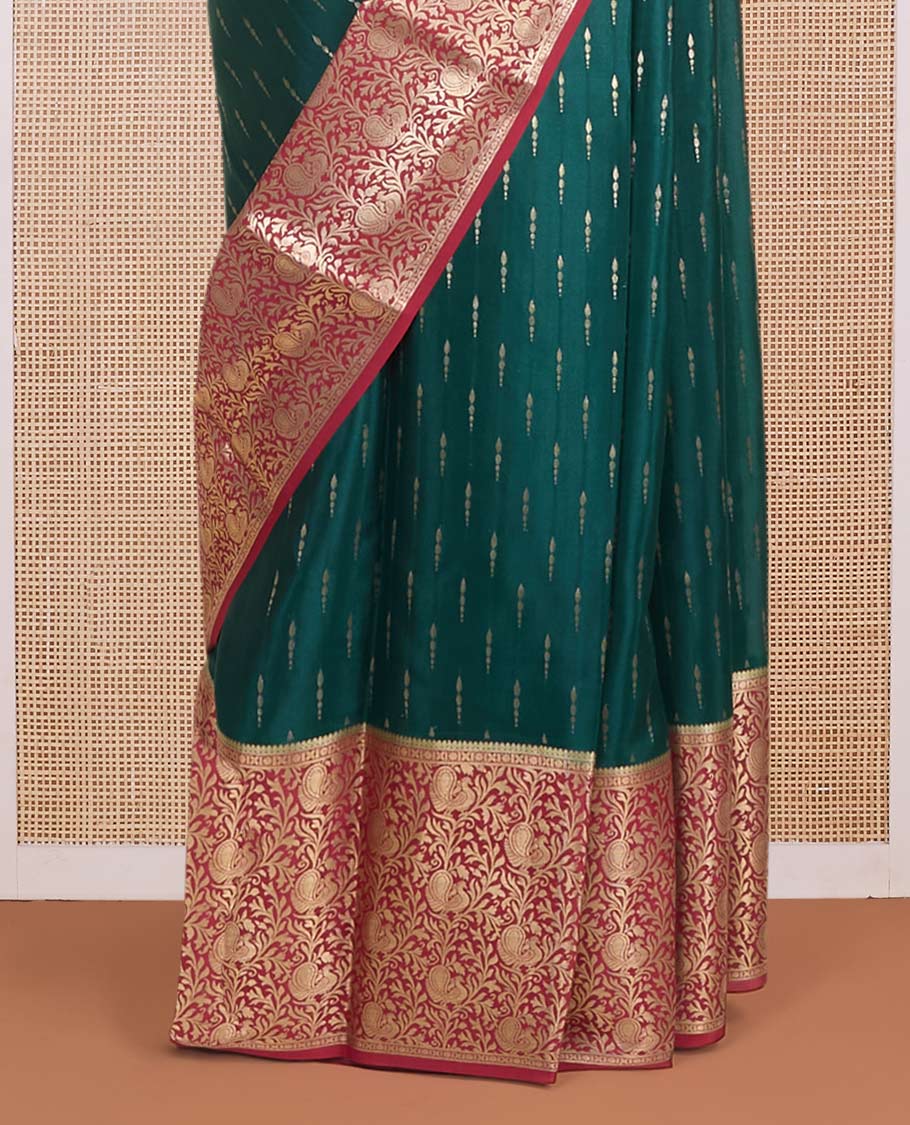 Dark green zari buttas Mysore silk saree, contrast zari border & pallu of floral & peacock designs