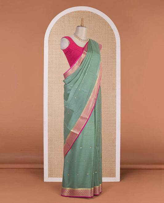 Green zari buttas Mysore silk saree, contrast traditional zari border & pallu of floral zari weave