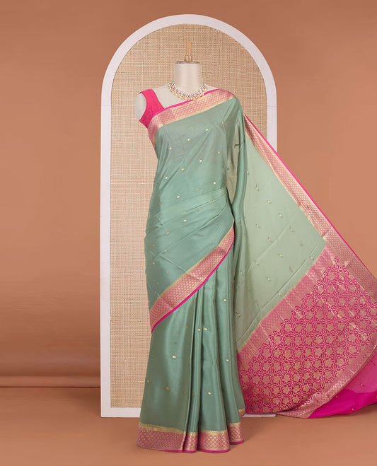 Green zari buttas Mysore silk saree, contrast traditional zari border & pallu of floral zari weave
