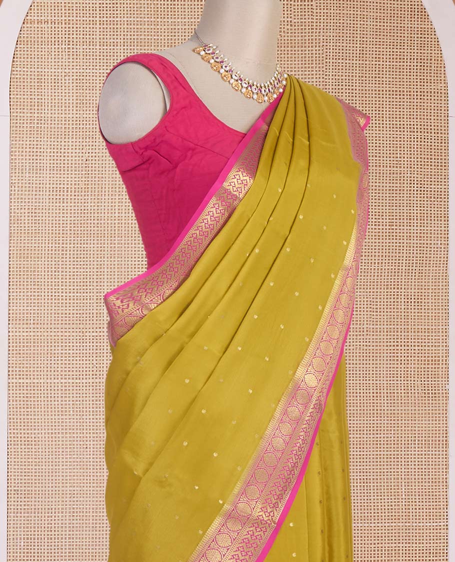 Yellow zari buttas Mysore silk saree, contrast traditional zari border & zari woven pallu