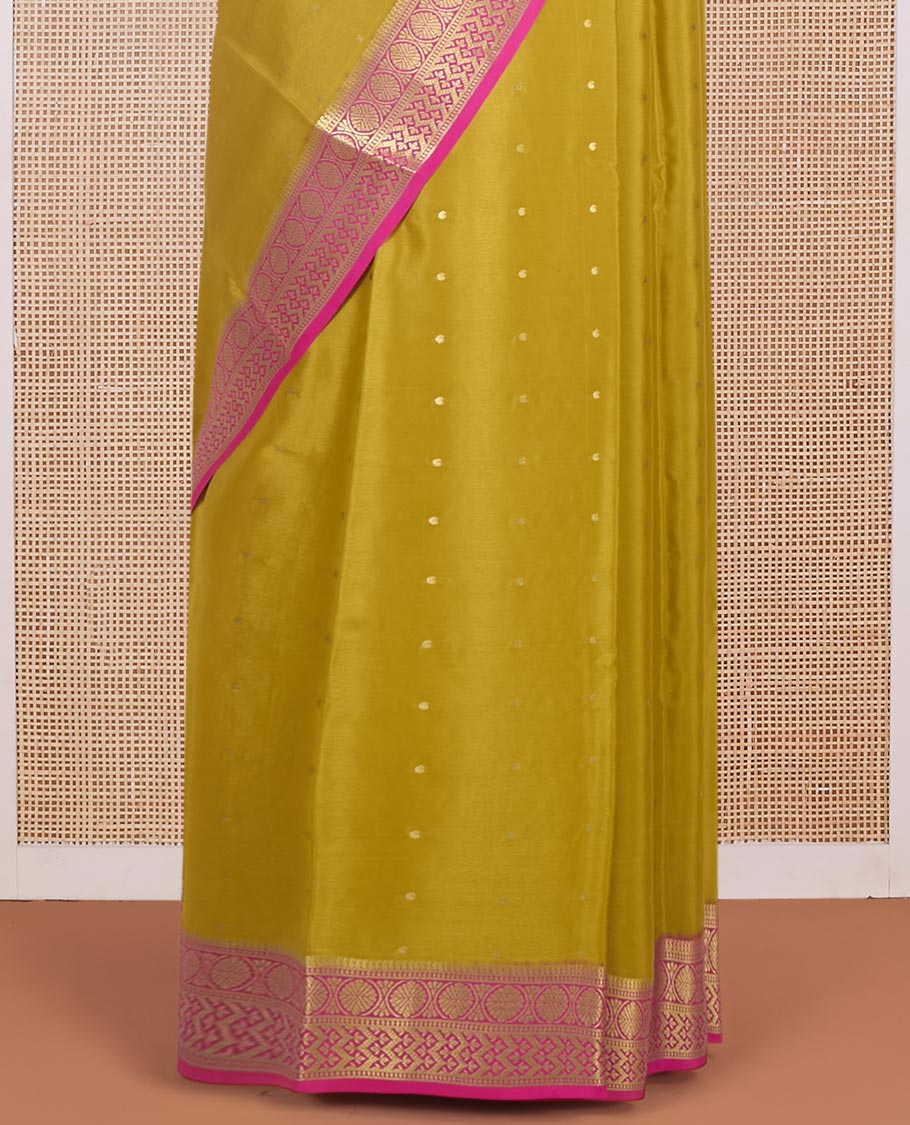 Yellow zari buttas Mysore silk saree, contrast traditional zari border & zari woven pallu