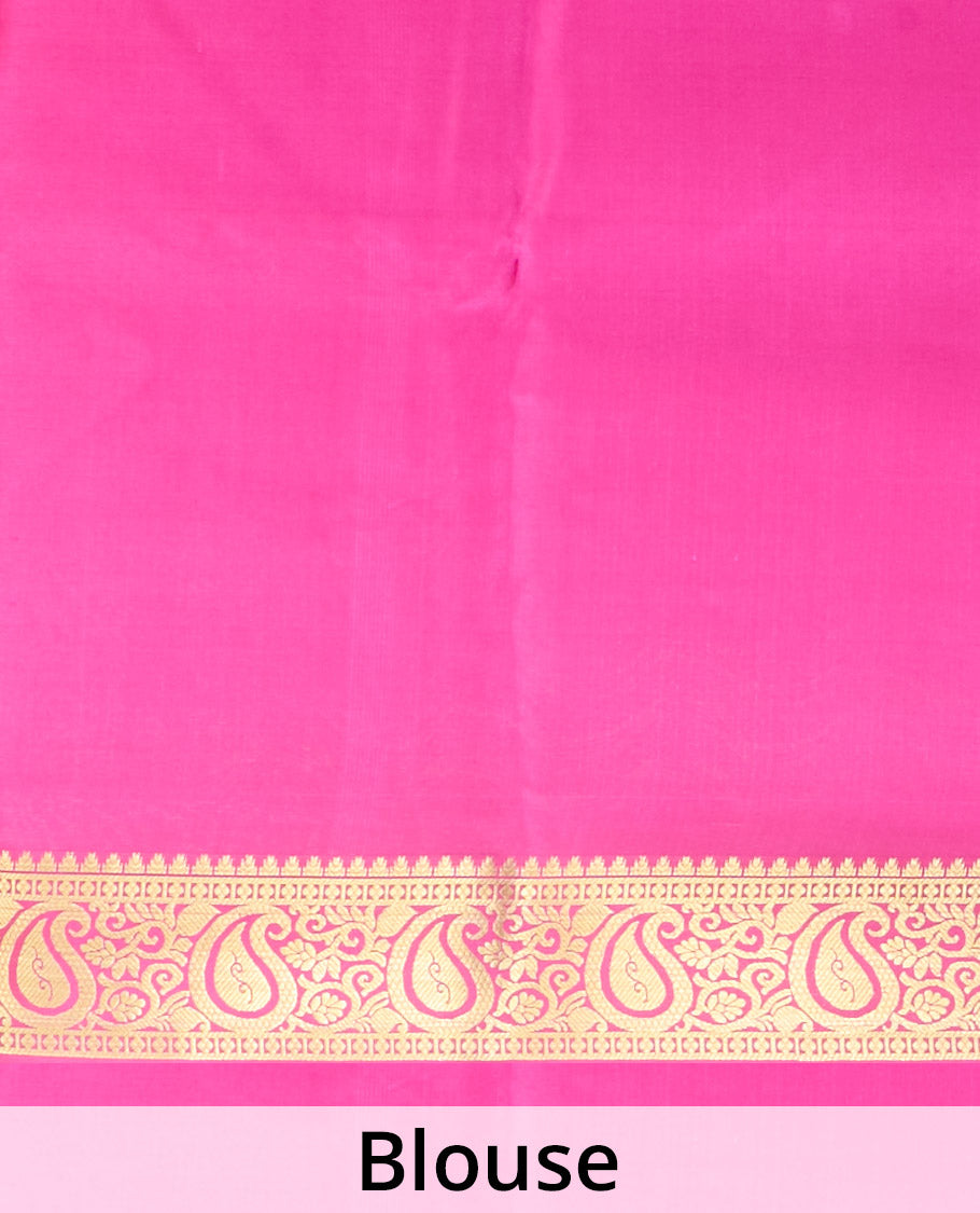 Light Green zari buttas Mysore silk saree, contrast temple paisley zari border & zig-zag stripes woven pallu