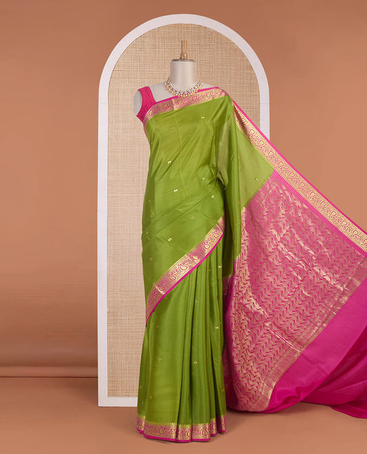 Light Green zari buttas Mysore silk saree, contrast temple paisley zari border & zig-zag stripes woven pallu
