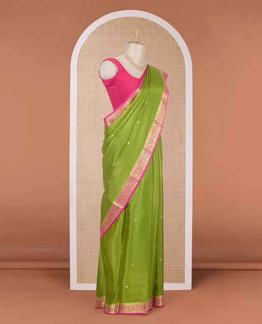 Light Green zari buttas Mysore silk saree, contrast temple paisley zari border & zig-zag stripes woven pallu