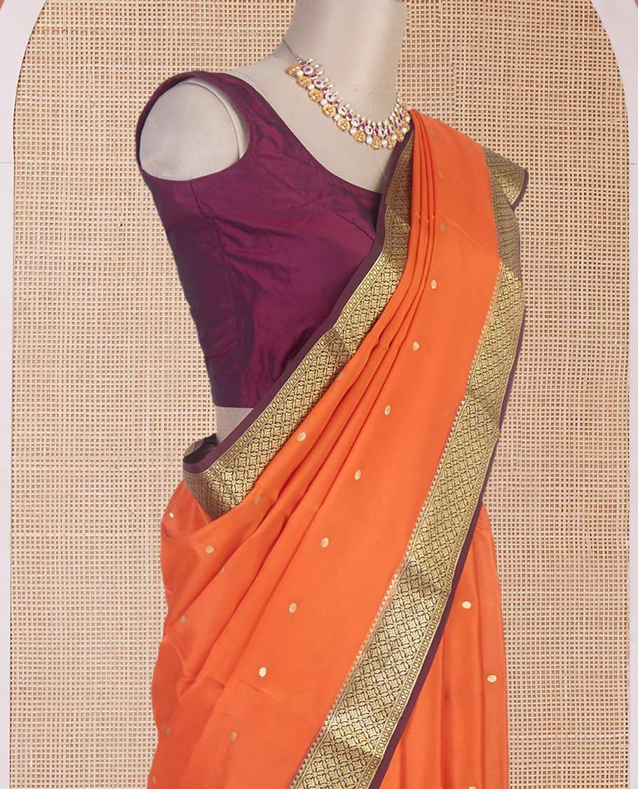 Orange zari buttas Mysore silk saree, contrast jaal design zari border & pallu of jaal design