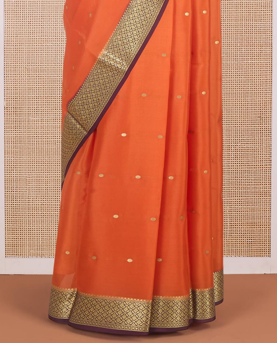 Orange zari buttas Mysore silk saree, contrast jaal design zari border & pallu of jaal design