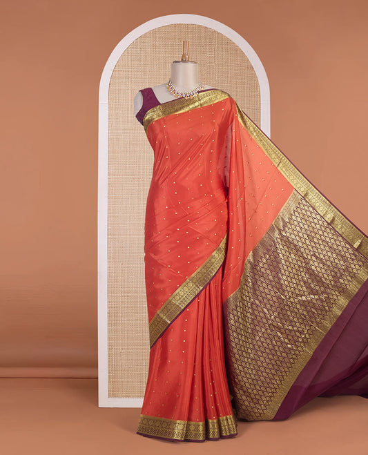 Dark orange zari buttas Mysore silk saree, contrast traditional zari border & zari woven pallu