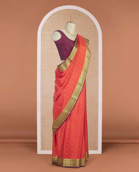 Dark orange zari buttas Mysore silk saree, contrast traditional zari border & zari woven pallu