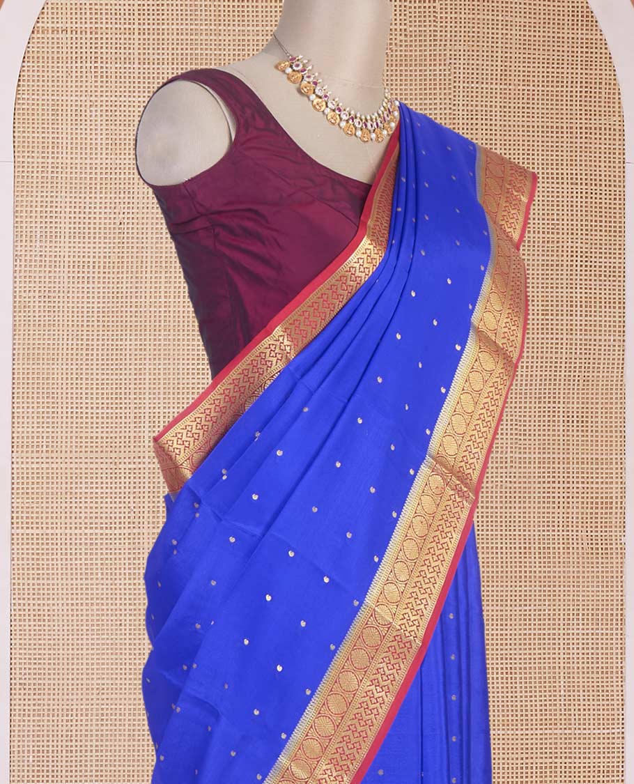 Royal blue zari buttas Mysore silk saree, contrast traditional zari border & intricately zari woven pallu