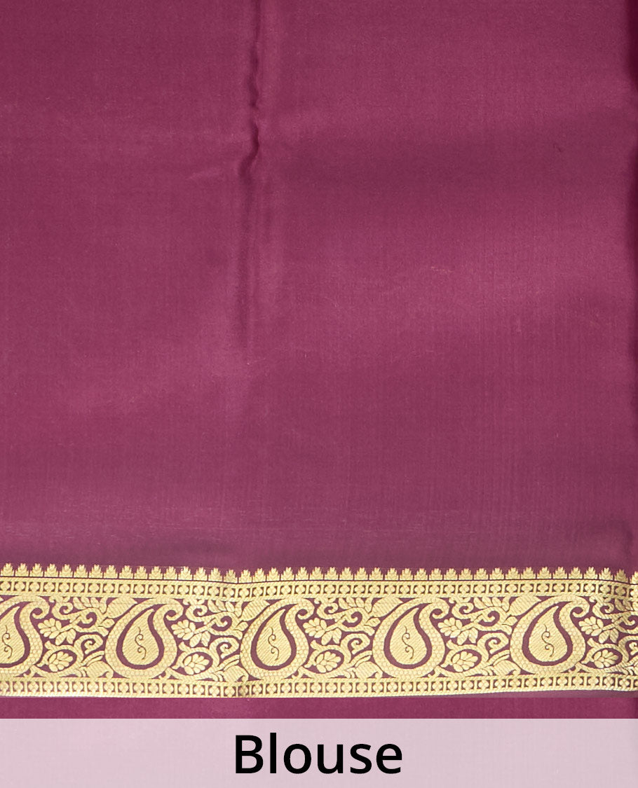 Orange zari buttas Mysore silk saree, contrast temple paisley zari border & zig-zag stripes woven pallu