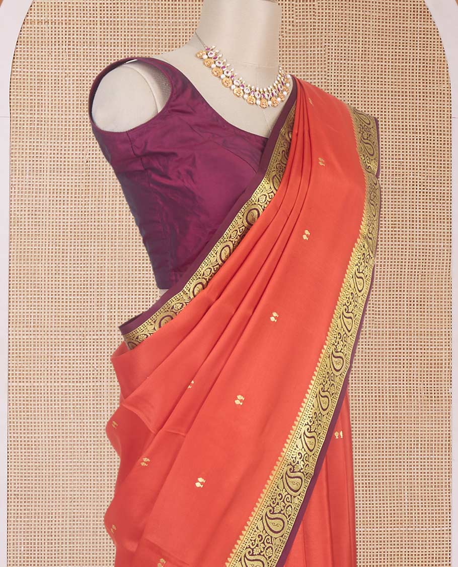 Orange zari buttas Mysore silk saree, contrast temple paisley zari border & zig-zag stripes woven pallu