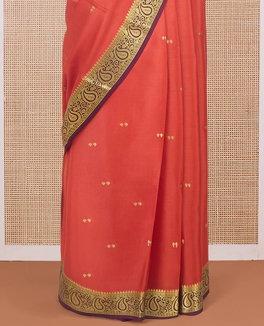 Orange zari buttas Mysore silk saree, contrast temple paisley zari border & zig-zag stripes woven pallu