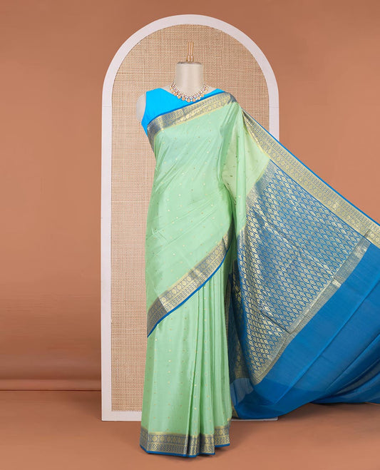 Pista green zari buttas Mysore silk saree, contrast traditional zari border & intricately zari woven pallu