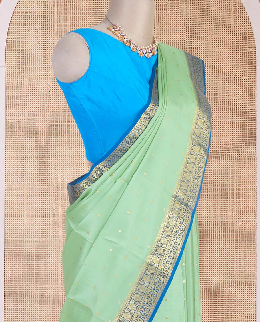Pista green zari buttas Mysore silk saree, contrast traditional zari border & intricately zari woven pallu
