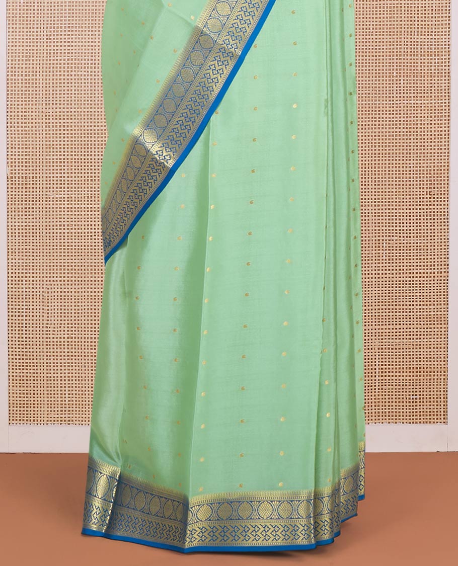 Pista green zari buttas Mysore silk saree, contrast traditional zari border & intricately zari woven pallu