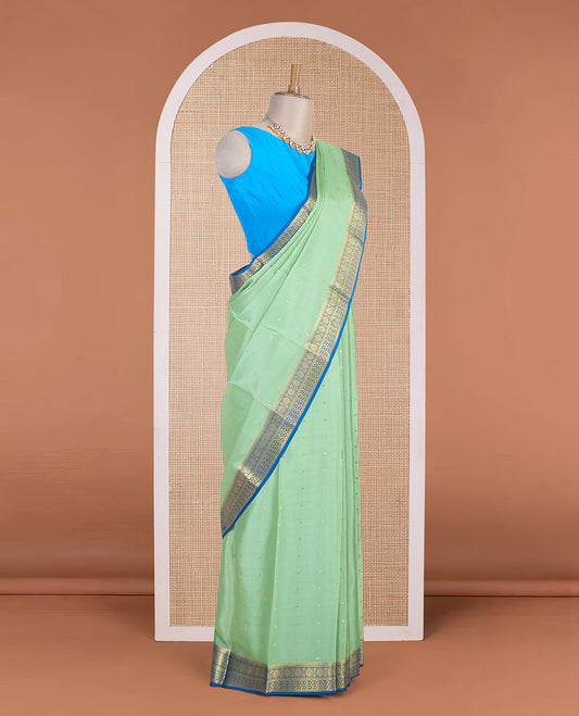 Pista green zari buttas Mysore silk saree, contrast traditional zari border & intricately zari woven pallu