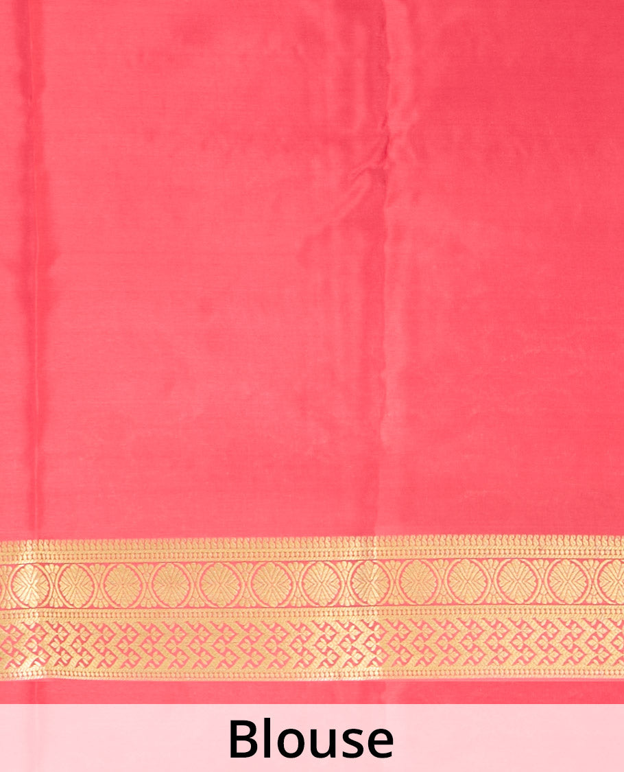 Cantaloupe orange zari buttas Mysore silk saree, contrast traditional zari border & intricately zari woven pallu