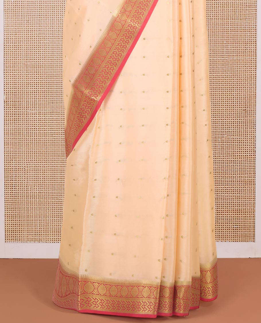 Cantaloupe orange zari buttas Mysore silk saree, contrast traditional zari border & intricately zari woven pallu