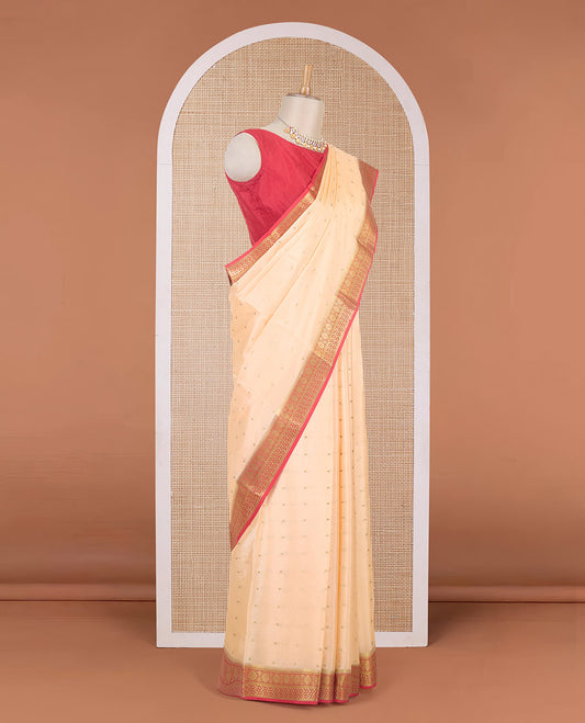 Cantaloupe orange zari buttas Mysore silk saree, contrast traditional zari border & intricately zari woven pallu