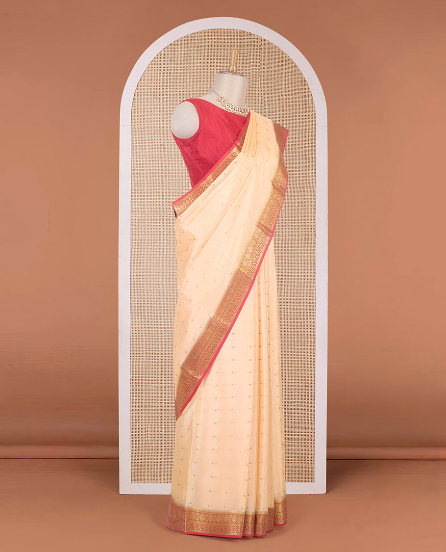 Cantaloupe orange zari buttas Mysore silk saree, contrast traditional zari border & intricately zari woven pallu