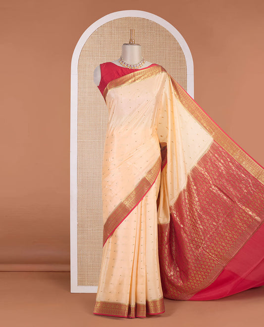 Cantaloupe orange zari buttas Mysore silk saree, contrast traditional zari border & intricately zari woven pallu