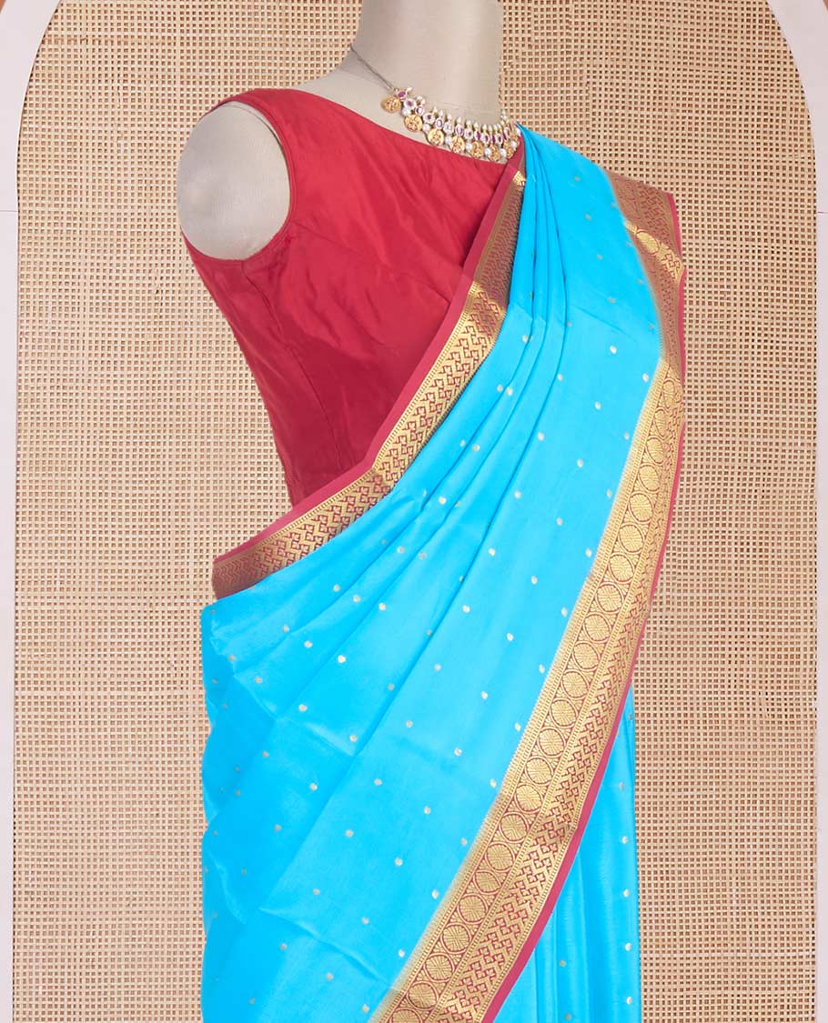 Blue zari buttas Mysore silk saree, contrast traditional zari border & intricately zari woven pallu