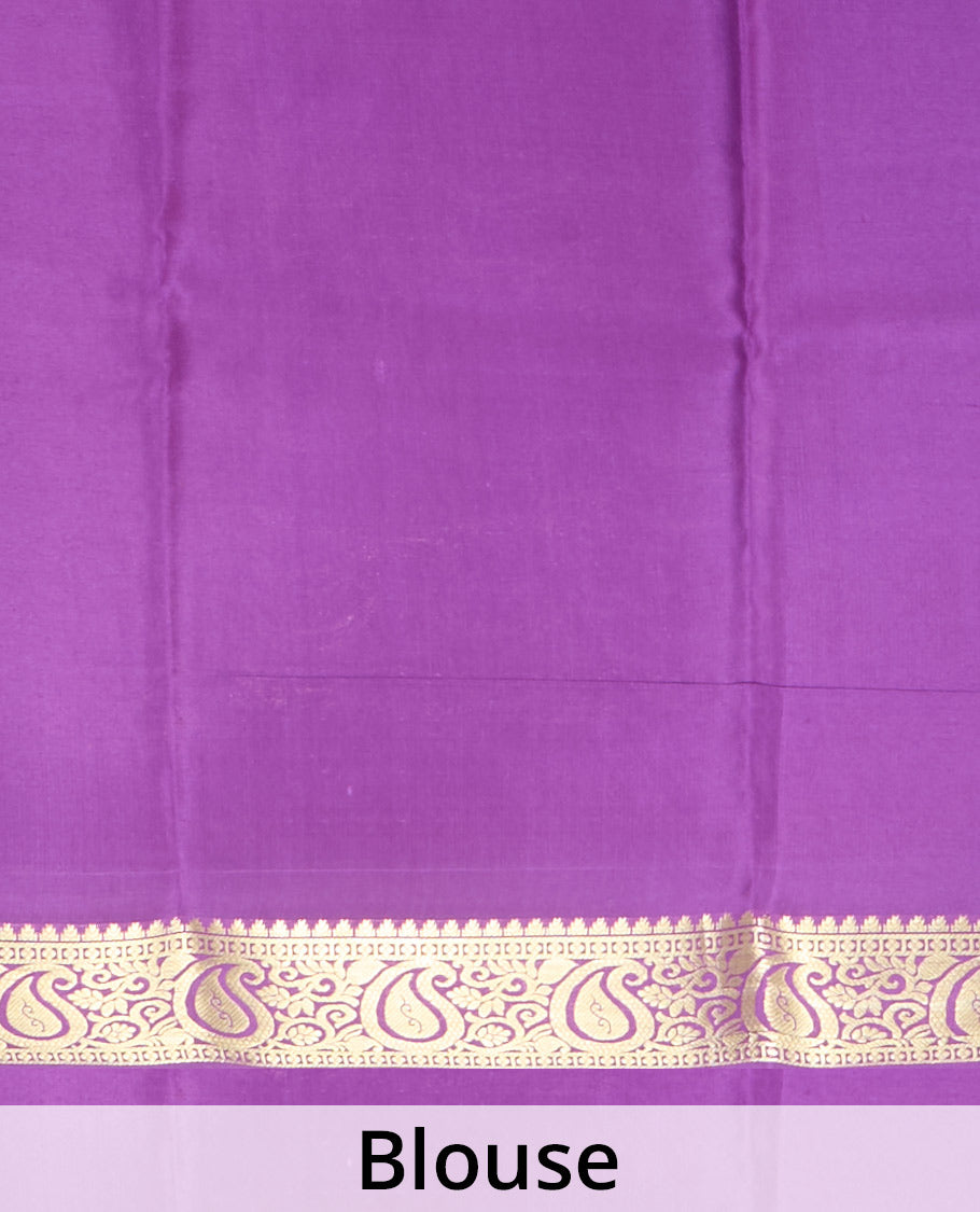 Turquoise zari buttas Mysore silk saree, contrast temple paisley zari border & zig-zag stripes woven pallu