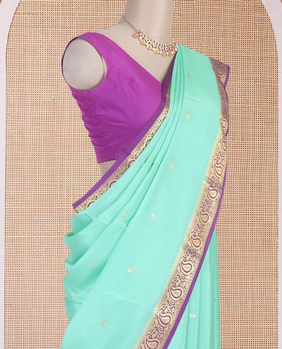 Turquoise zari buttas Mysore silk saree, contrast temple paisley zari border & zig-zag stripes woven pallu
