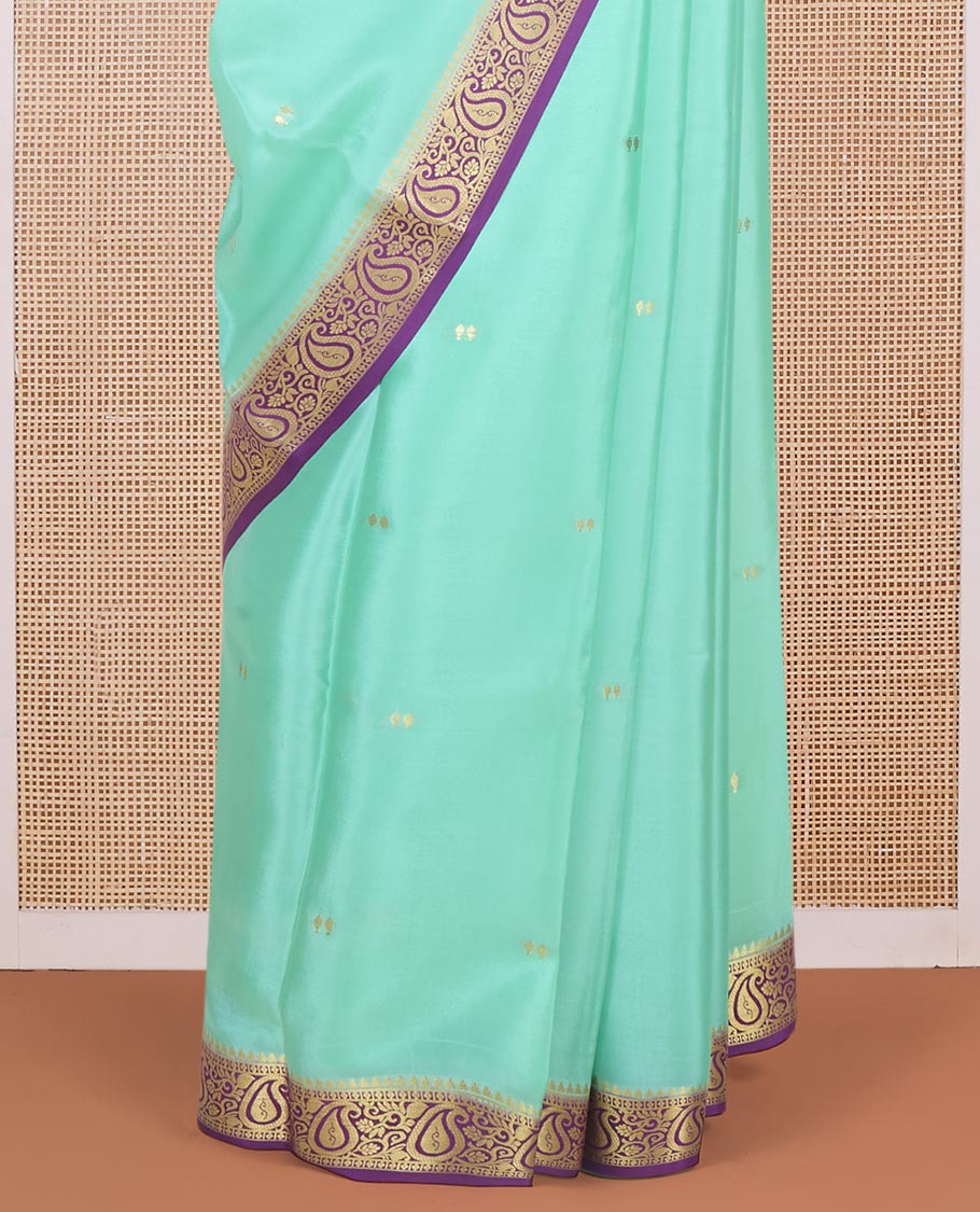 Turquoise zari buttas Mysore silk saree, contrast temple paisley zari border & zig-zag stripes woven pallu