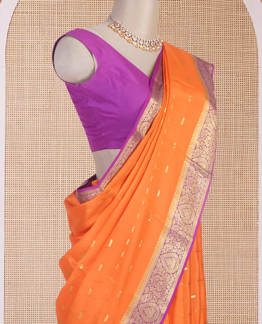 Orange zari buttas Mysore silk saree, contrast floral zari border & pallu of floral design