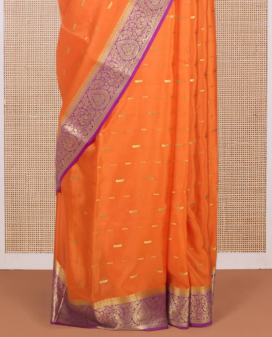 Orange zari buttas Mysore silk saree, contrast floral zari border & pallu of floral design