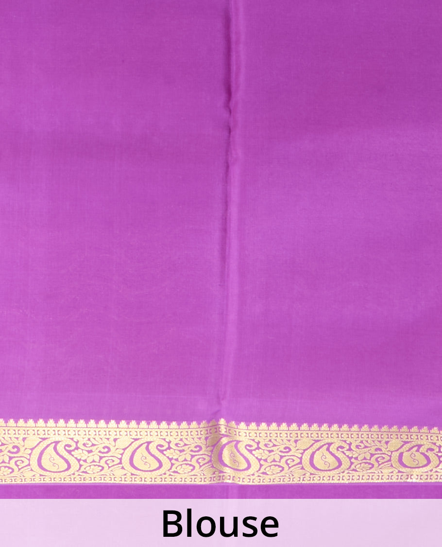 Yellow zari buttas Mysore silk saree, contrast temple paisley zari border & zig-zag stripes woven pallu