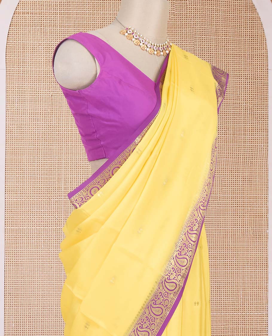 Yellow zari buttas Mysore silk saree, contrast temple paisley zari border & zig-zag stripes woven pallu