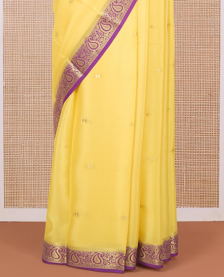 Yellow zari buttas Mysore silk saree, contrast temple paisley zari border & zig-zag stripes woven pallu