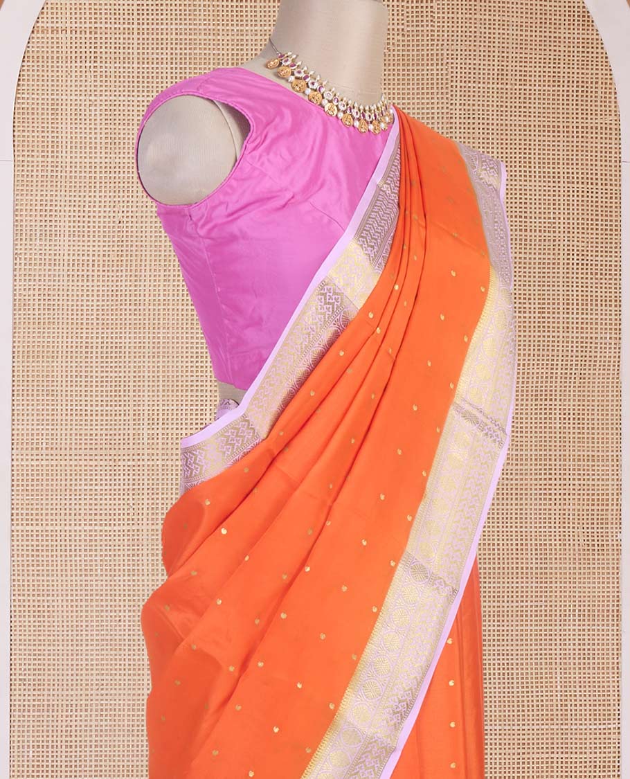 Orange zari buttas Mysore silk saree, contrast traditional zari border & intricately zari woven pallu