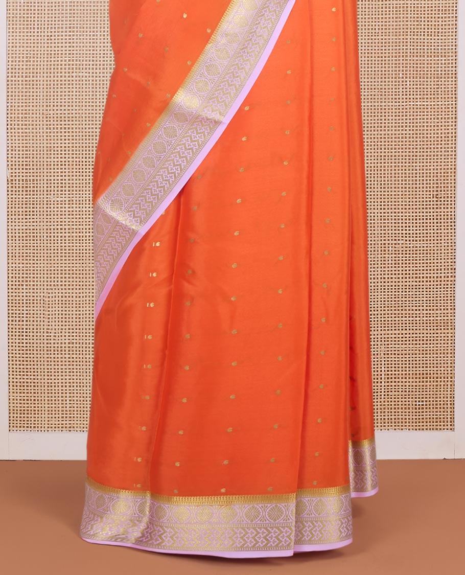 Orange zari buttas Mysore silk saree, contrast traditional zari border & intricately zari woven pallu