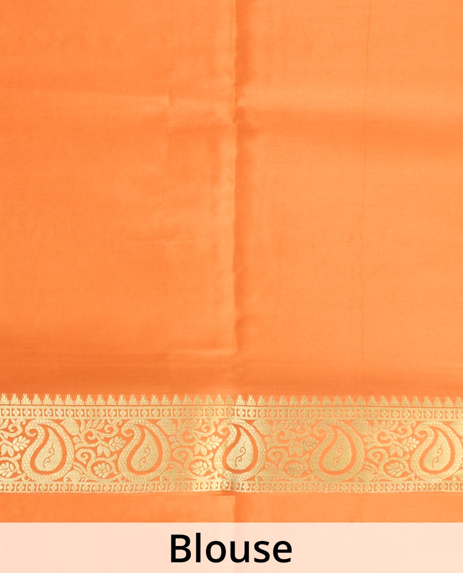 Light blue zari buttas Mysore silk saree, contrast temple paisley zari border & zig-zag stripes woven pallu