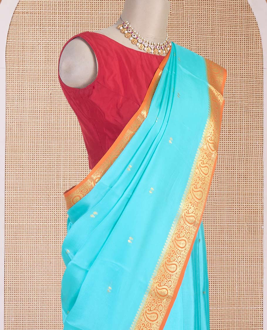 Light blue zari buttas Mysore silk saree, contrast temple paisley zari border & zig-zag stripes woven pallu