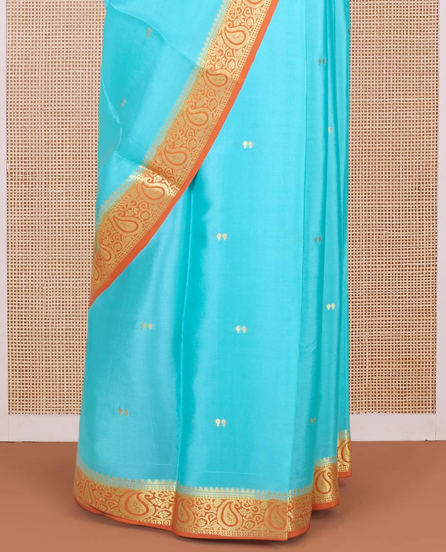 Light blue zari buttas Mysore silk saree, contrast temple paisley zari border & zig-zag stripes woven pallu