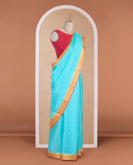 Light blue zari buttas Mysore silk saree, contrast temple paisley zari border & zig-zag stripes woven pallu
