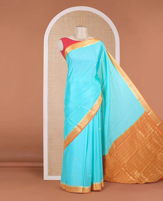 Light blue zari buttas Mysore silk saree, contrast temple paisley zari border & zig-zag stripes woven pallu