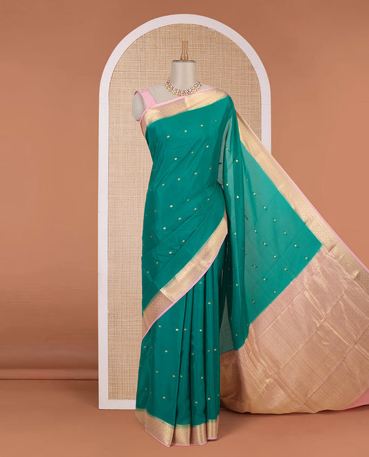 Dark green zari buttas Mysore silk saree, contrast jaal design zari border & pallu of jaal design