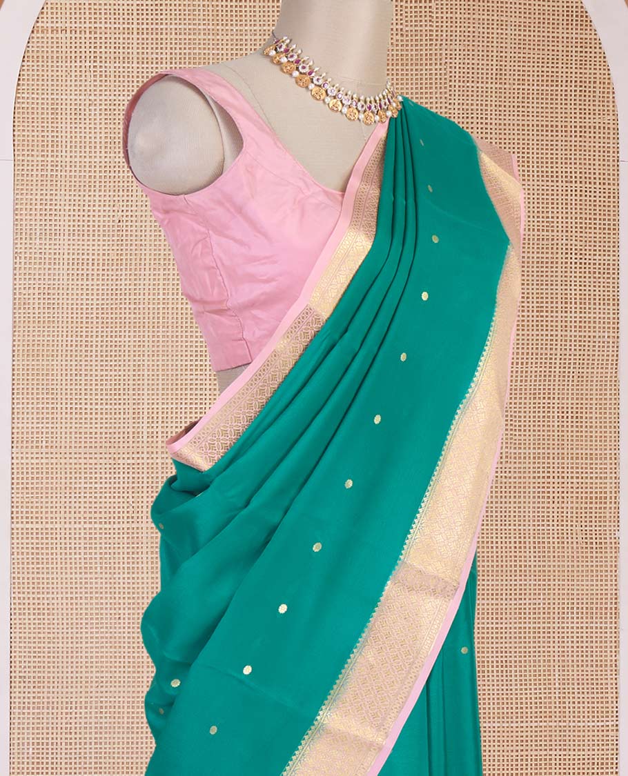 Dark green zari buttas Mysore silk saree, contrast jaal design zari border & pallu of jaal design
