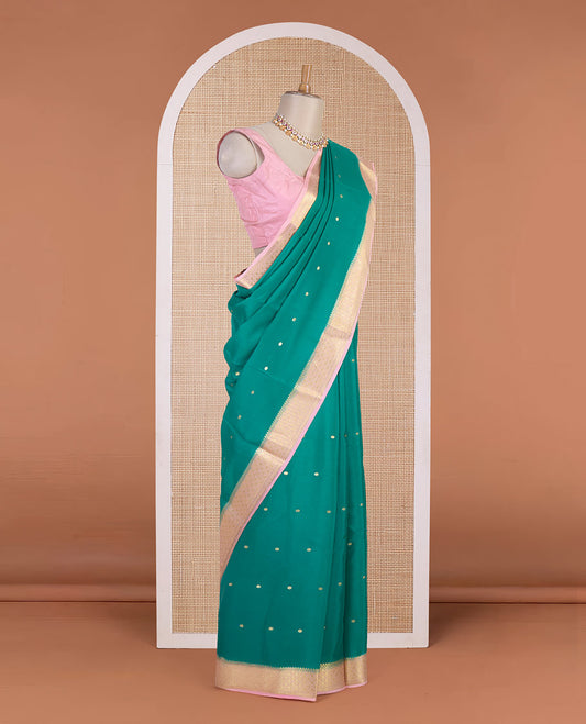 Dark green zari buttas Mysore silk saree, contrast jaal design zari border & pallu of jaal design