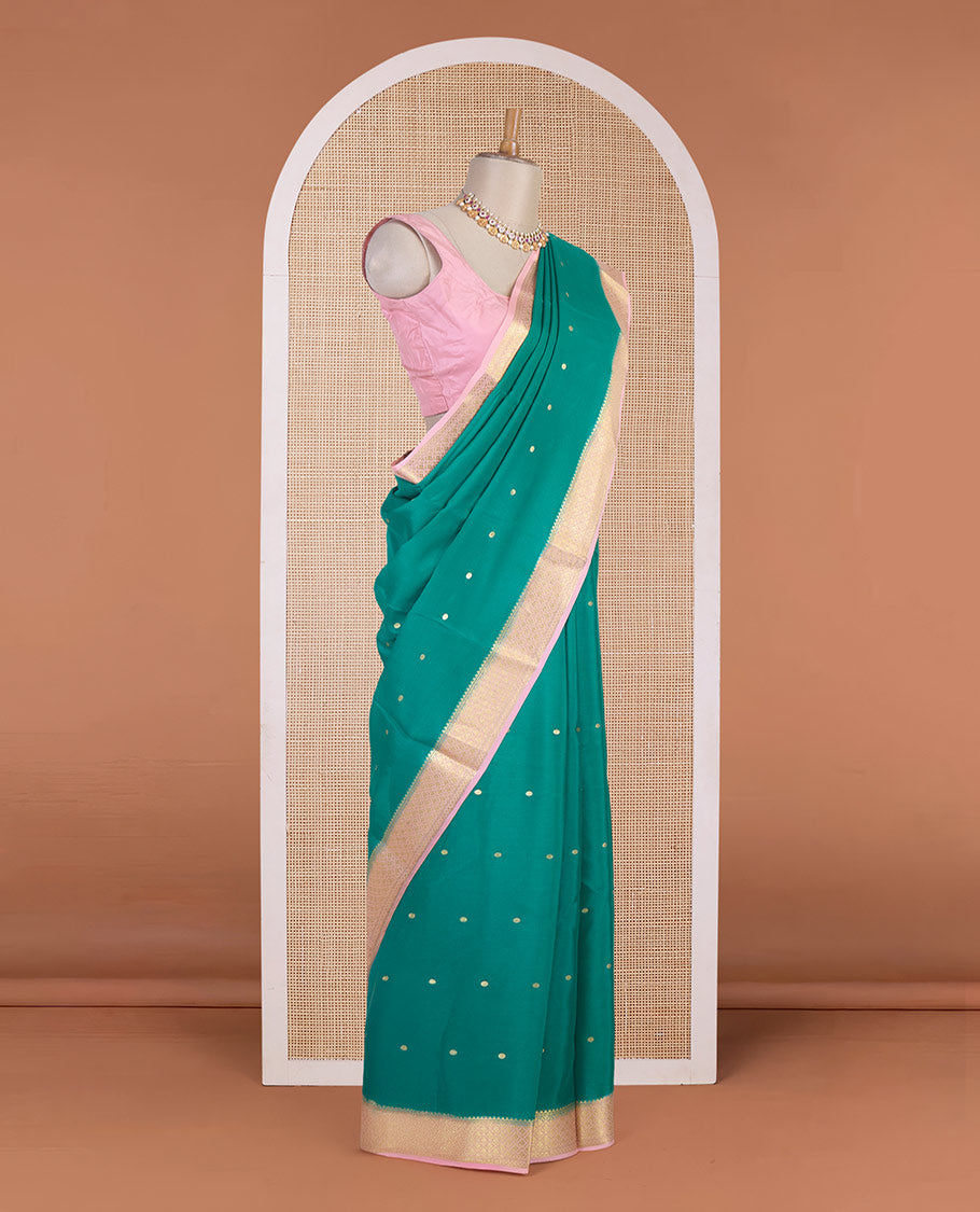 Dark green zari buttas Mysore silk saree, contrast jaal design zari border & pallu of jaal design