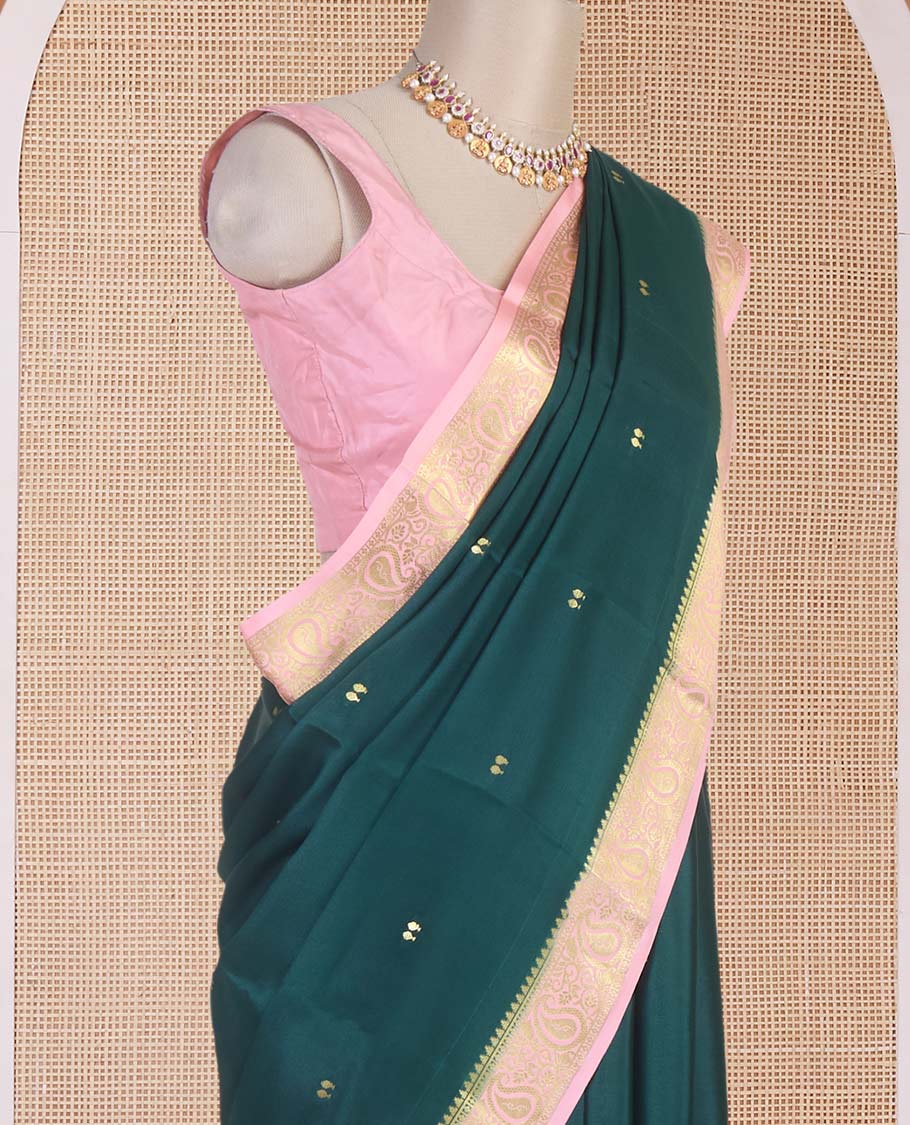 Bottle green zari buttas Mysore silk saree, contrast traditional zari border & intricately zari woven pallu