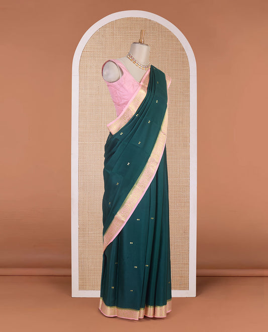 Bottle green zari buttas Mysore silk saree, contrast traditional zari border & intricately zari woven pallu