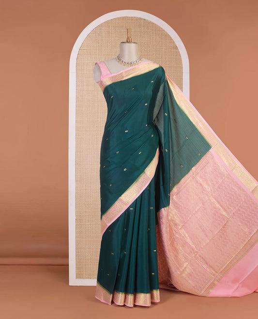 Bottle green zari buttas Mysore silk saree, contrast traditional zari border & intricately zari woven pallu