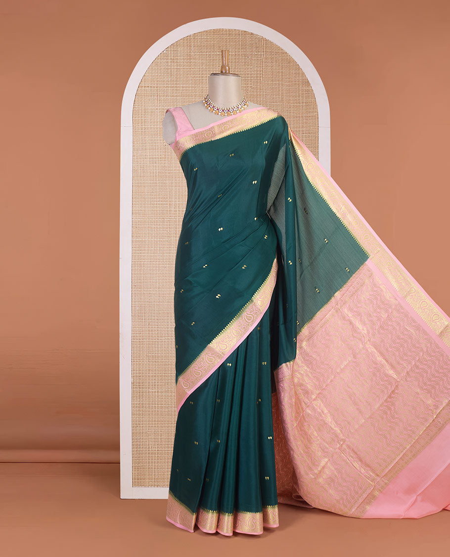 Bottle green zari buttas Mysore silk saree, contrast traditional zari border & intricately zari woven pallu